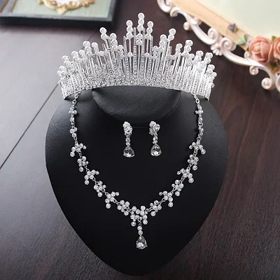 Bride Diaries New Design Crystal Pearl Bride 3pcs Set Necklace Earrings Tiara Bridal Wedding Jewelry Set Accessories (9)