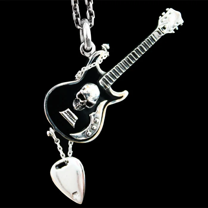 

Punk rock imported 925 Sterling Silver Skull Necklace Pendant Pendant Silver Gibson guitar men women