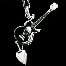 Punk rock importado 925 plata esterlina collar de cráneo colgante de plata guitarra Gibson hombres mujeres