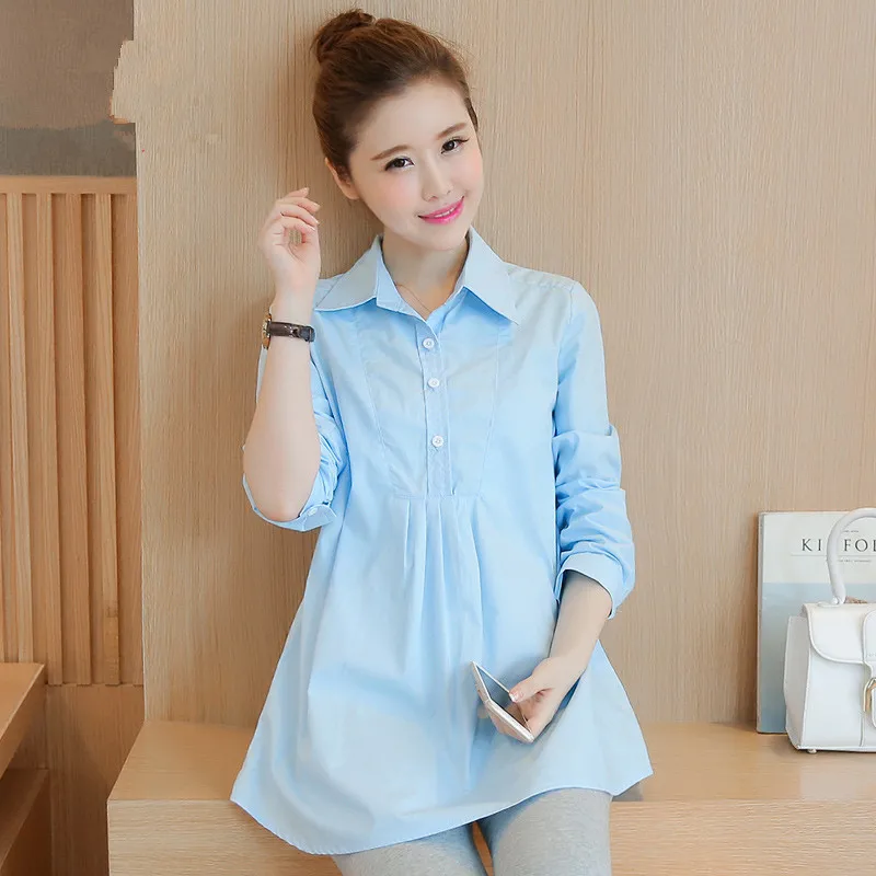 

White/light Blue Cotton Maternity Blouses for Pregnant Women Long-sleeved Spring Long Blouse Casual Pregnancy Mom Business Wear