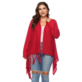 

HUAN BEAUTY Fashion Spring Lapel Long Sleeve Loose Big Size Irregular Tassels Single Button Cardigan Mid-Length Coat HB-OA10002