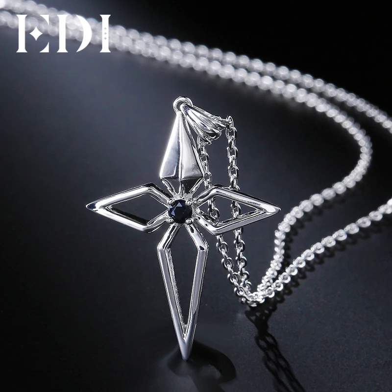 EDI Genuine Cross Natural Black Sapphire Gemstone 925 Sterling Silver Female Pendant
