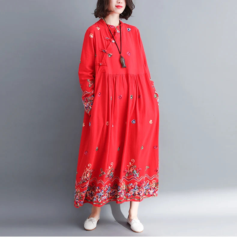 DIMANAF женское длинное платье с элегантной цветочной вышивкой размера плюс, женское платье в китайском стиле, женская одежда, свободные осенние платья