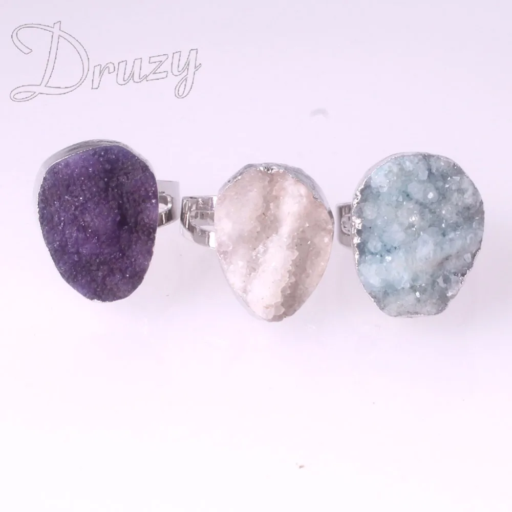 

Druzy 1PC Natural Stone Quartz Crystal Women Rings Drusy Blue White Purple Drop Raw Stone Wedding Vintage Rings Female