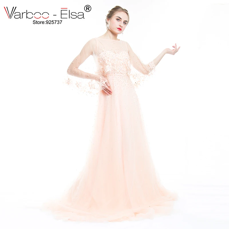 VARBOO_ELSA Новое роскошное Длинное Элегантное Вечернее Платье с бусинами, шаль, рукав, 3D платье для выпускного вечера с аппликацией, тюль, тяжелая ручная работа, халат longue