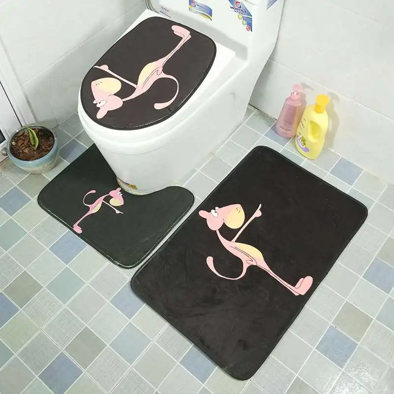 

3PCS Cartoon Toilet Seat Cover Set Absorbent Non-Slip Bathroom Rug Bath Mat Set Mat Flannel Floor Mats