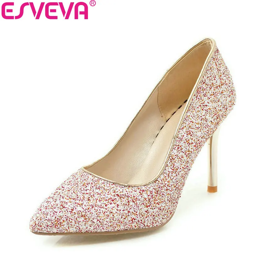 

ESVEVA 2018 Women Pumps Party Sequins Cloth Thin High Heels Pointed Toe Slip on Bling Bling Wedding Women Shoes Size 34-43