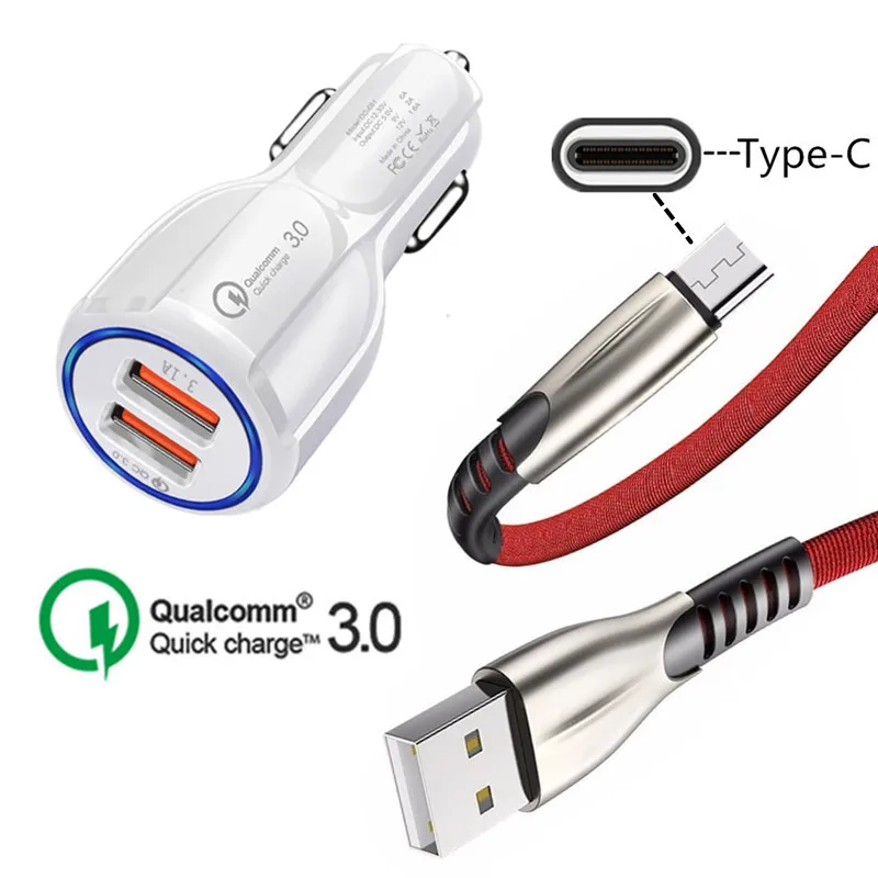 

For Samsung A50 Huawei P9 P20 lite Mate 9 10 Honor 20 Pro QC 3.0 Car charger Type C USB Quick Charge Data Cable OnePlus 7 6 5T