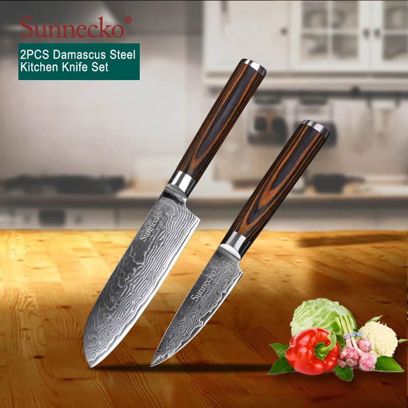 

Sunnecko 2PCS Kitchen Knives Set Santoku Paring Knife Damascus VG10 Steel Sharp Blade 60HRC Cutting Tools Color Wood Handle