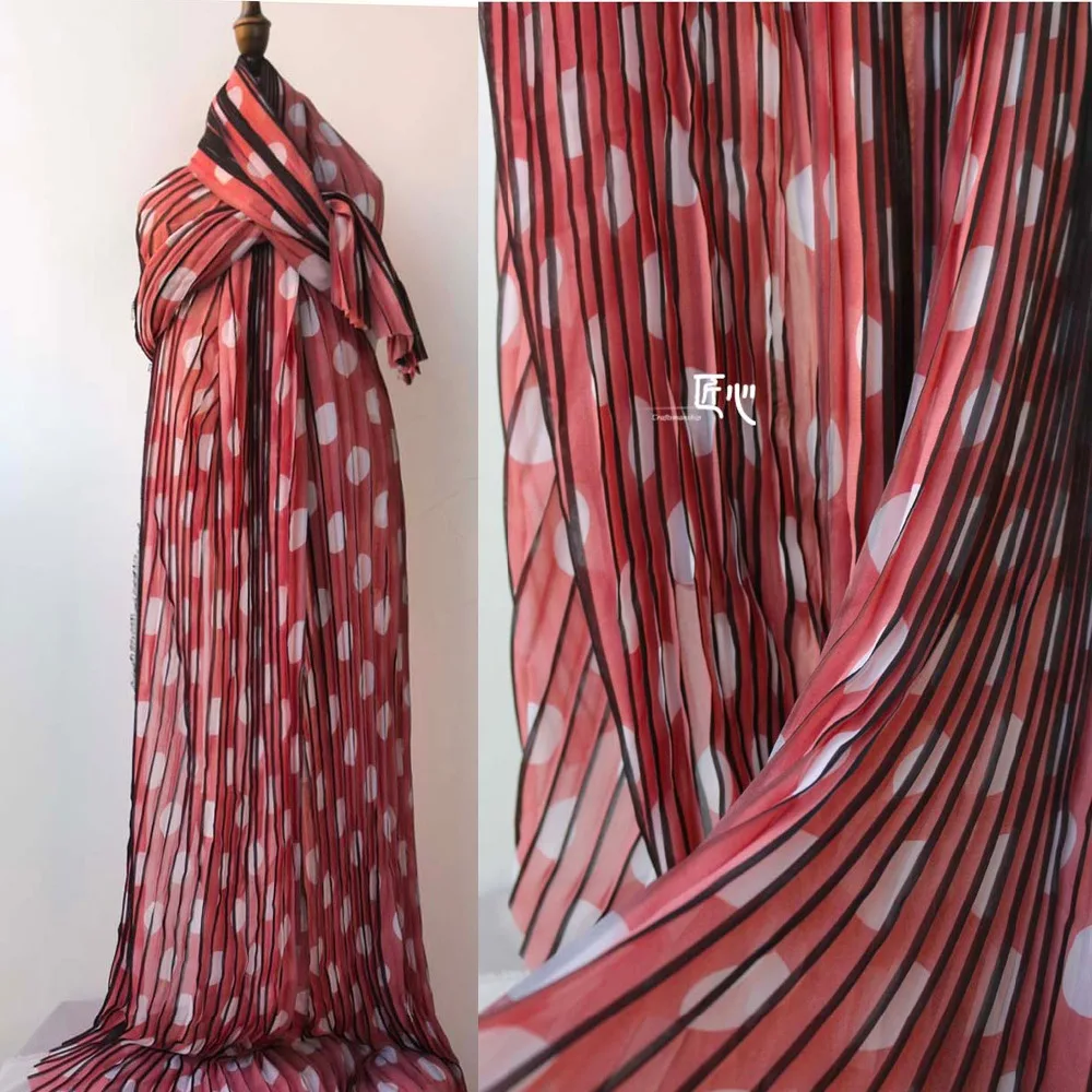 

50cm*145cm/piece Pink wave point stripe pleated double color polka dot print bust dress autumn pleated designer fabrics