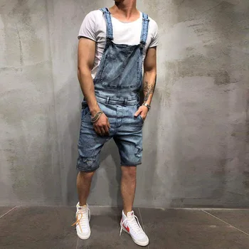 

Men Ripped Jeans Denim Bib Casual Overalls Style Streetwear Distressed Fashion Jumpsuits for Man Pocket Suspender Shorts Pants