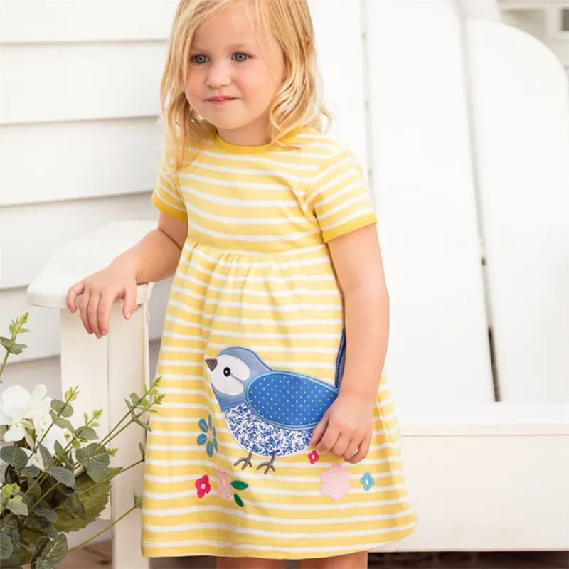 Princess Applique Dresses Baby Girls Clothing Summer Cotton Stripe Bird