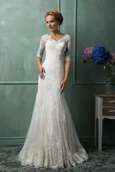 Vestido де noiva ренда Мода 2016 Scoop Шеи Половина Рукава Суд Поезд Русалка Кружева Длинные Свадебные Платья