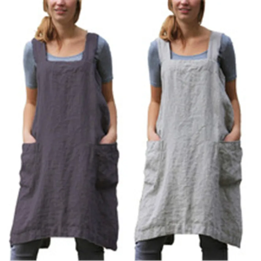 Casual Dress Women Cotton Linen Pinafore Square Cross Apron Garden Work ...