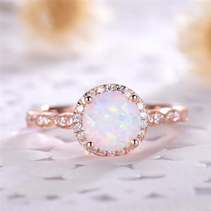 ROMAD Dainty Round Fire Opal Rings for Women Rose Gold CZ Engagement Rings in Copper Promise Ring With Gift Box R4