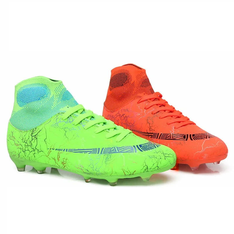 Мужские Студенческие футбольные бутсы для взрослых; высокие уличные футбольные бутсы; TF/FG Спортивные кроссовки для тренировок; Zapatos De Futbol - Цвет: Orange-green