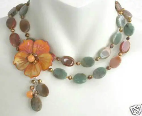 

free shipping>>>@@> beautiful 2 rows flower shell clasp onyx pearl necklace new