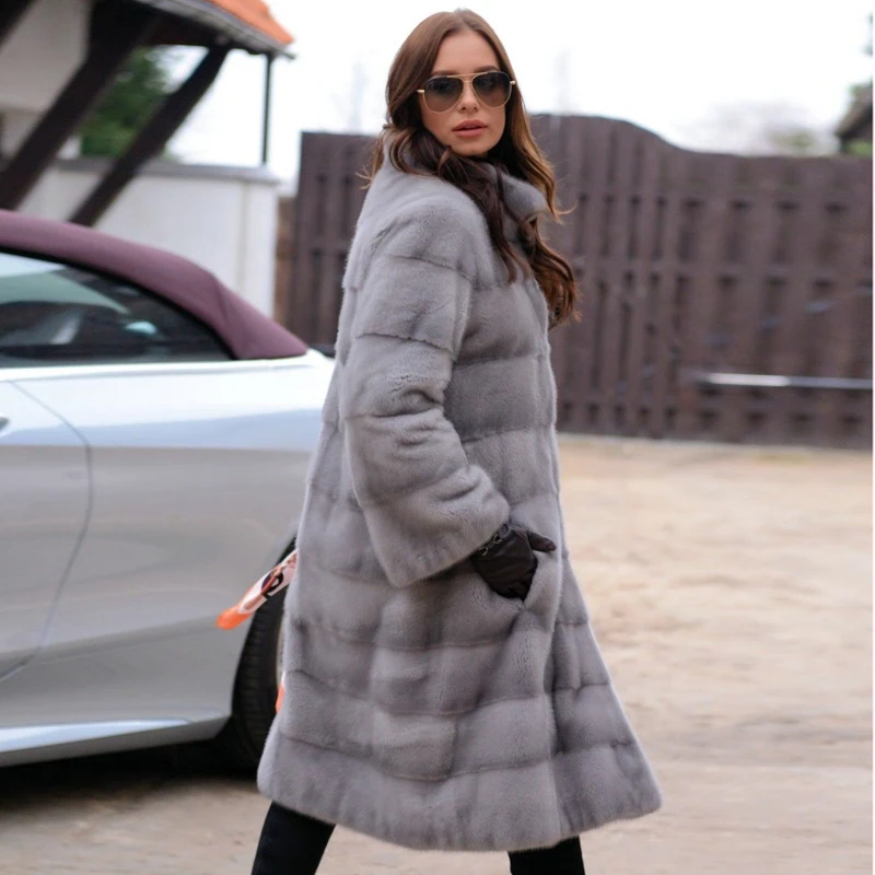 Fashion Mink Fur Coats For Women Real Fur Jackets Slim Overcoats Warm Stand Collar Nature Mink Capped Winter Tops MKW-228