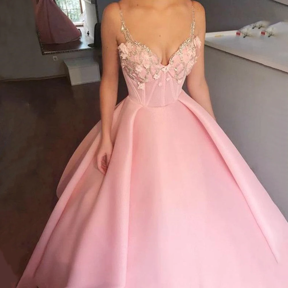 

Sweetheart Spaghetti Straps Floor Length Prom Dresses A Line Open Back Evening Formal Party Dress with Flowers Vestido De Fiesta