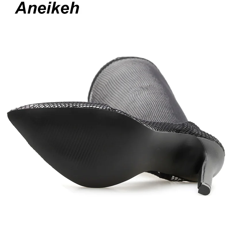 Aneikeh/ г. пикантные летние ботфорты с сеткой женские сапоги с острым носком вечерние туфли на очень высоком тонком каблуке черного цвета, размеры 35-40