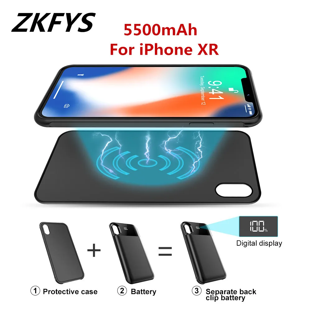 Внешний аккумулятор ZKFYS с беспроводной зарядкой 5500 мАч чехол для iPhone XR
