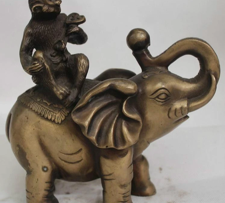 

7" Chinese Fengshui Bronze Zodiac Year Monkey Ride Elephant deliver Ruyi Statue