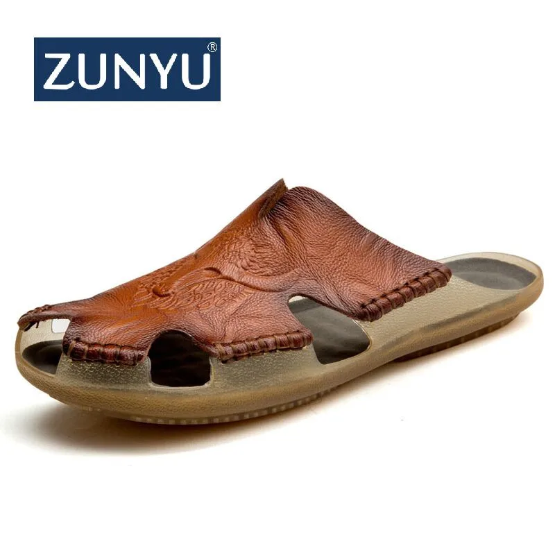 Мужские кожаные Нескользящие шлепанцы ZUNYU коричневые пляжные сандалии удобная