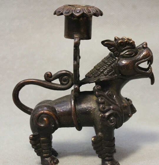 

212@g++Old Chinese Dynasty Purple Bronze Beast Unicorn Pi Xiu Candle Holder Candlestick