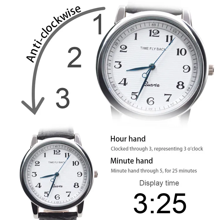 Часы Для мужчин против часовой стрелки кварцевые назад наручные часы кожаный Водонепроницаемый часы Reverse против часовой стрелки мальчик Для мужчин часы