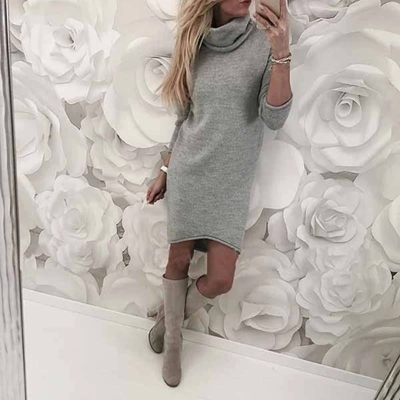 

Autumn Winter Women Knitted Dress Casual Solid Loose Mini Dresses Sexy Fashion Turtleneck Long Sleeve Thick Warm Sweater Dress