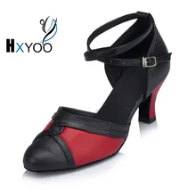 HXYOO Women Salsa Latin Dance Shoes Satin Soft Sole Red&Black Ballroom Dancing Shoes GM006