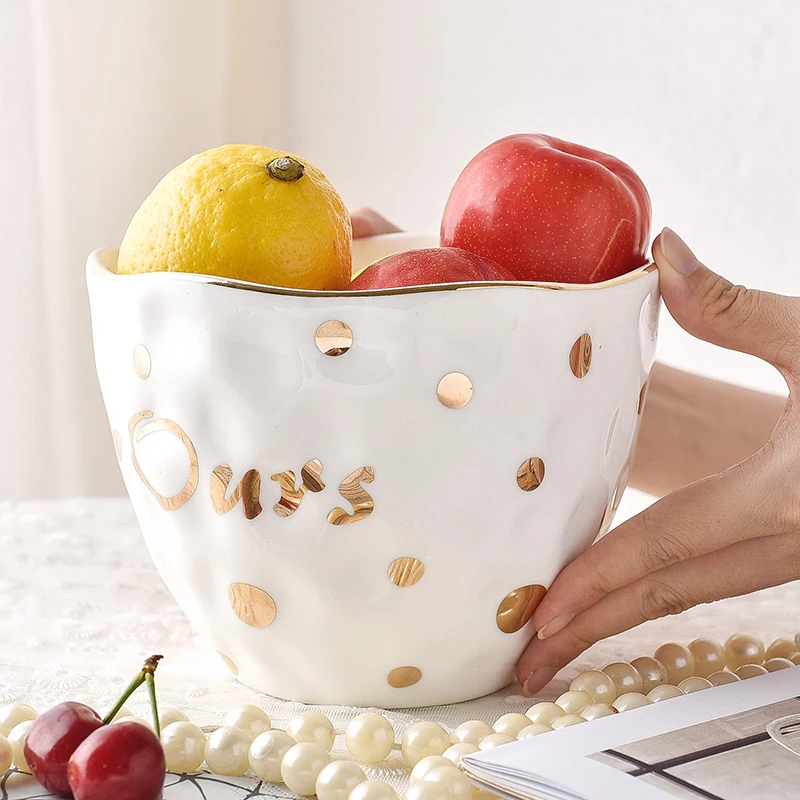 

Creative Brief Gold Plated Dot Lace-shaped White Ceramic Procelain Fruit Salad Bowl Soup Noodles Rice Bowl Tableware Family Gift