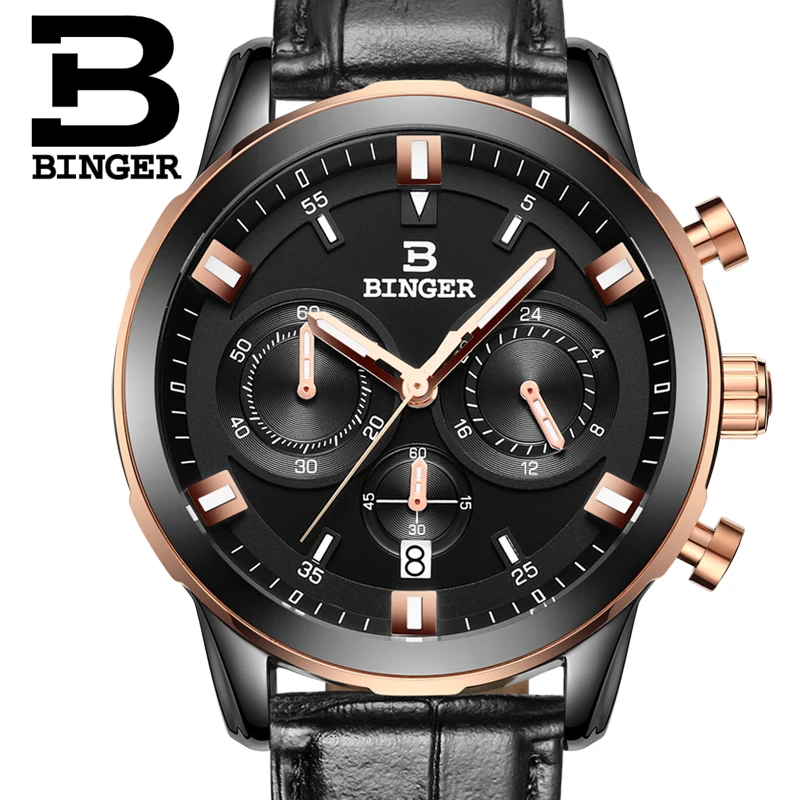 BINGER Fashion Leather Sports Quartz Watch For Man Military Chronograph Wrist watches Men Army Style Free shipping 2017 calendar|watch f|watch