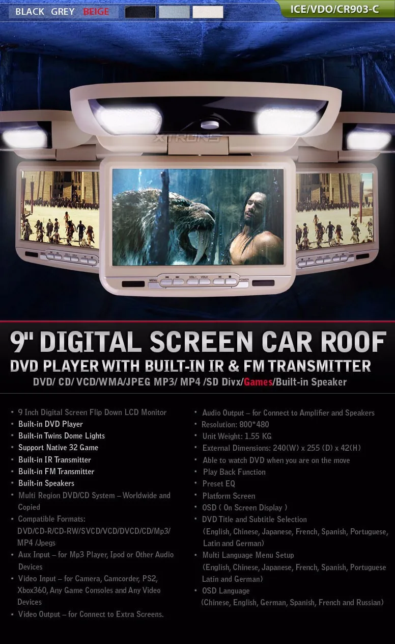 Sale 9" Digital Screen Beige Color Car Roof DVD Flip Down Car DVD Roof Monitor Car DVD with 2 IR Headphones (Black & Grey Optional) 0