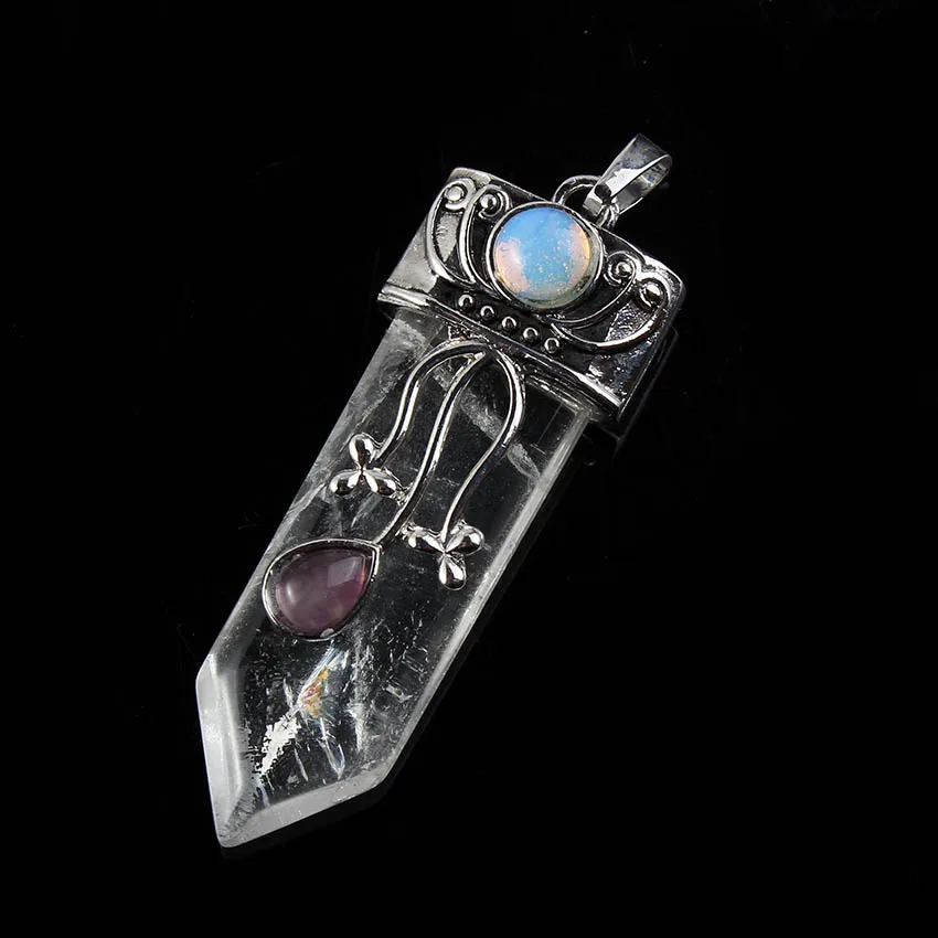 Natural Gnergy Gemstone~ Silver Plated Natural Purple Amethysts Crystal Rose Pink Quartz With Flower Sword Pendant Labradorite Jewelry 8 AA00201027103a