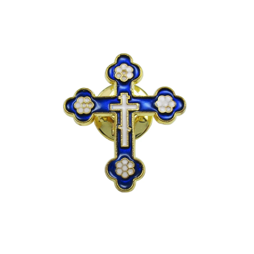 50pcs of Gold Tone Royal Blue Catholic Metal Cross Brooches Lapel Pins