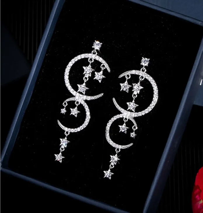 SALE Fashion jewelry 925 silver new crystal From Bulgaria Feather high-grade temperament circle anti allergy star moon earrings