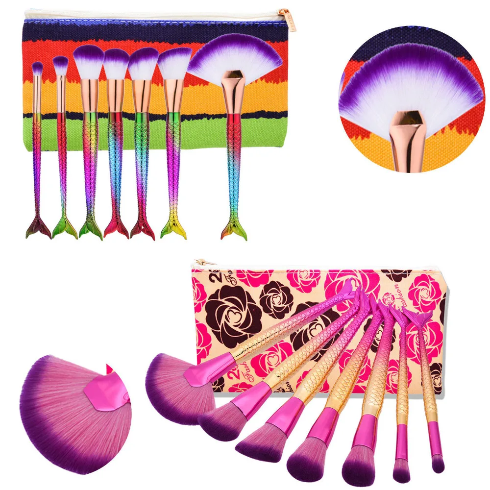 Color 7Pcs Mermaid Makeup Brushes Set Eyeshadow Blending Brush Powder