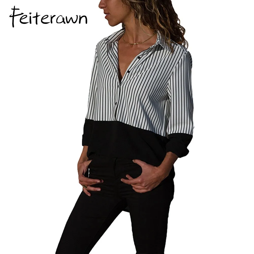 Feiterawn 2018 Women Turndown Collar Long Sleeve Stripes Shirts Patchwork Relaxed Button Business Tops Camisa De Mujer DL251277 |
