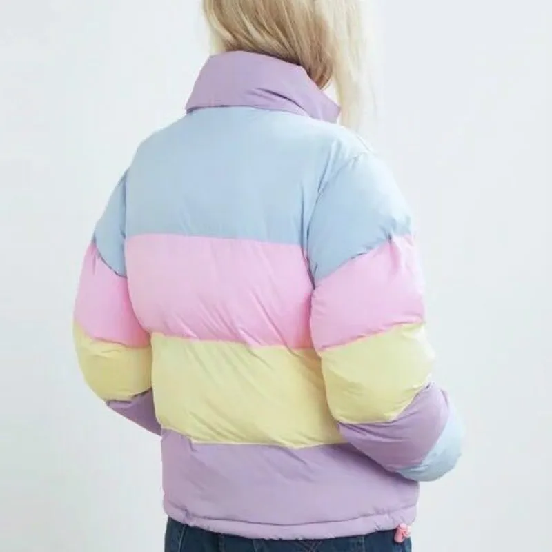 

Yaxez 2018 Winter Harajuku Fashion Rainbow Splicing Color Coat Hooded Cotton Padded Puffer Parkas Loose Bread Warm Short Jacket