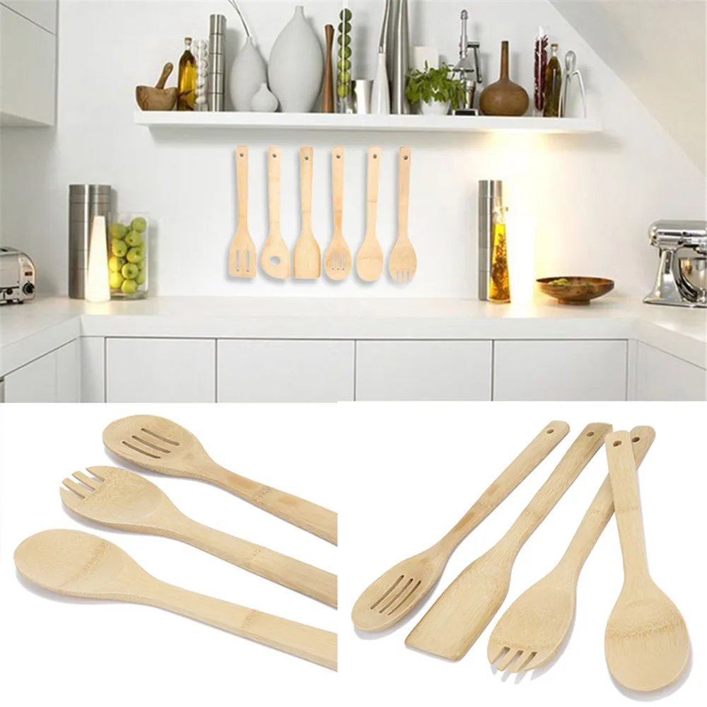 6pcs Eco-friendly Bamboo Wood Spatula Set Wooden Spatulas Kitchen Cooking Tools Utensil Set Bamboo Non-stick Pan Special Shovel