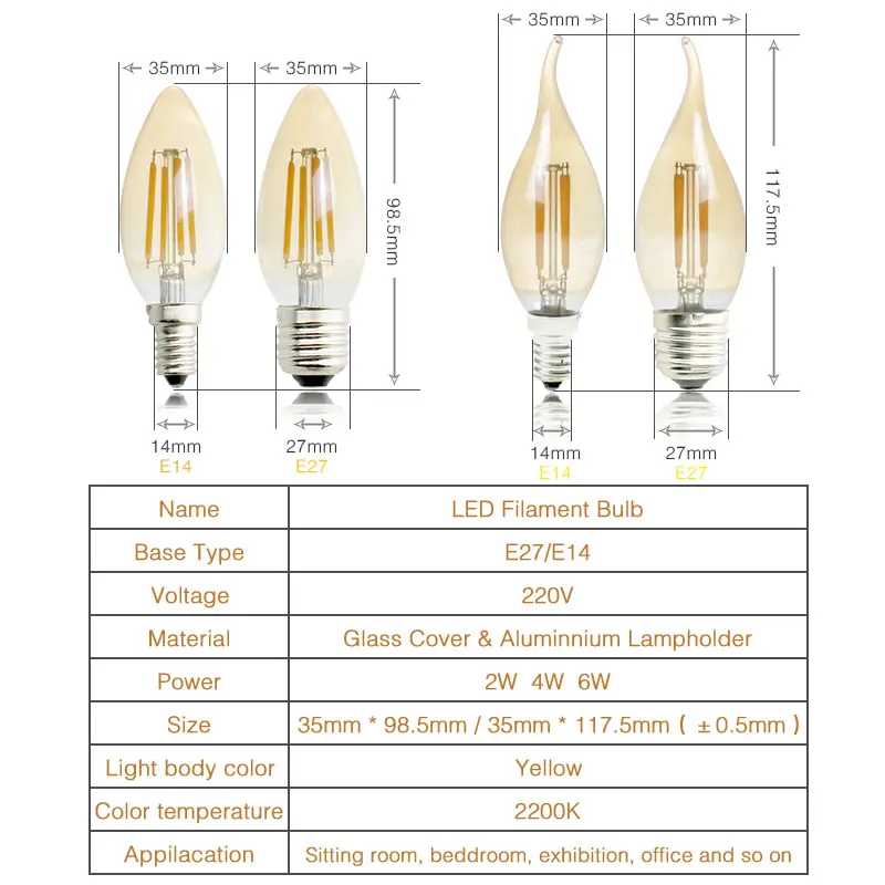 Светодиодная лампа накаливания E14 E27 2 Вт 4 6 220 В|candle lamp|e27 led filamentled e27 |