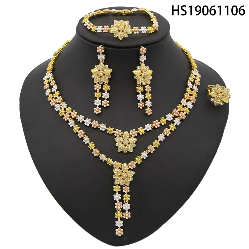 

Yulaili 2019 New Wholesale Dubai Crystal Jewelry Sets Tricolor Flower Pendant Necklace Bracelet Earring Wedding Jewellery Sets