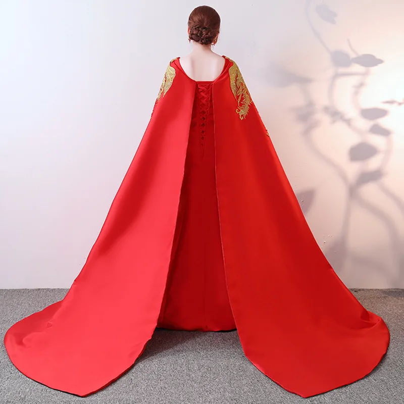 Красный кран длинное вечернее платье 2018 русалка элегантные атласные Oriental Стиль платья Китайский Винтаж вышивка Cheongsam Qipao