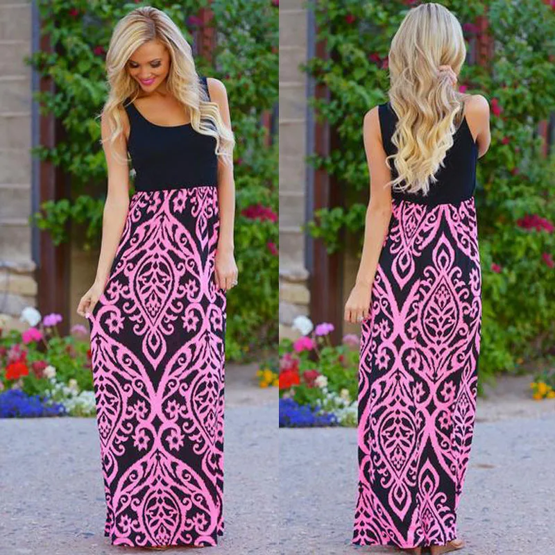 Long Maxi Boho Dress Women Print Sleeveless Summer Casual Party Long