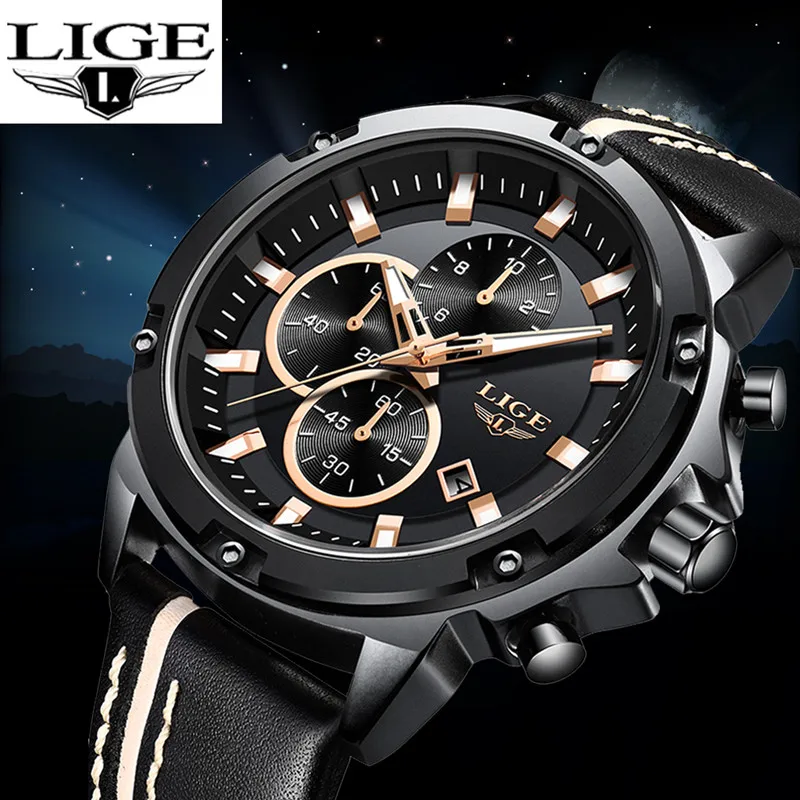 

LIGE Luxury Waterproof Quartz Sport Chronograph Top Fashion Brand Leather Strap zegarek meski Calendar relogio masculino+Box