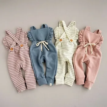 

Wholesale 2019 Newborn Baby Girl Boy Romper Backless Stripe Ruffle Long Sleelve Overalls Jumpsuit Toddler Clothing E19231