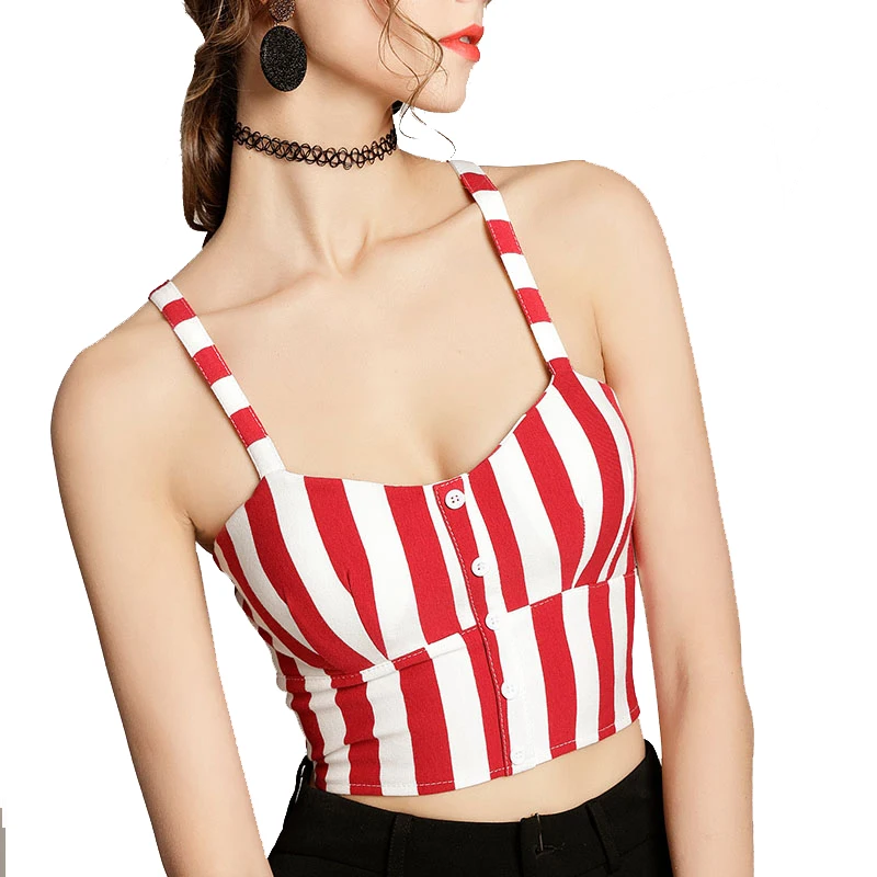 

Fashion Summer Sexy Camis Women Striped Crop Top Sleeveless Single Breasted Slim Lady Bralette Tops Strap Skinny Vest Camisole