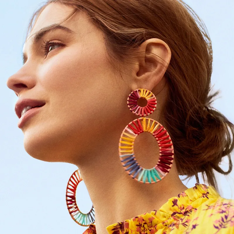 

New Bohemian Dyed Color Lafite Woven Earrings for Women Hollow Alloy Segment Statement Earrings 2019 Oversized Geometric Jewelry