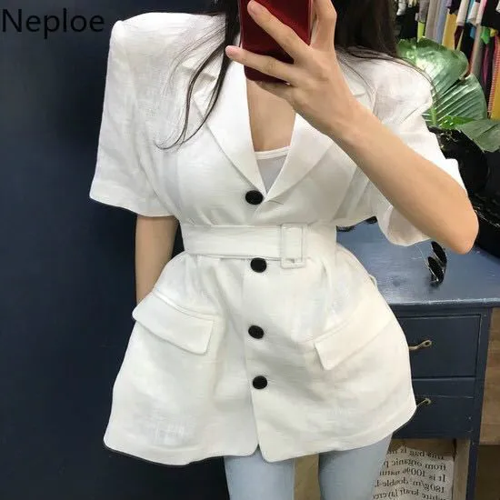 

Neploe Single Breasted Short Sleeve Blazers Coat Women Elegant Notched Jacket 2019 Summer Sashes Slim Waist Blazer Outwear 53290
